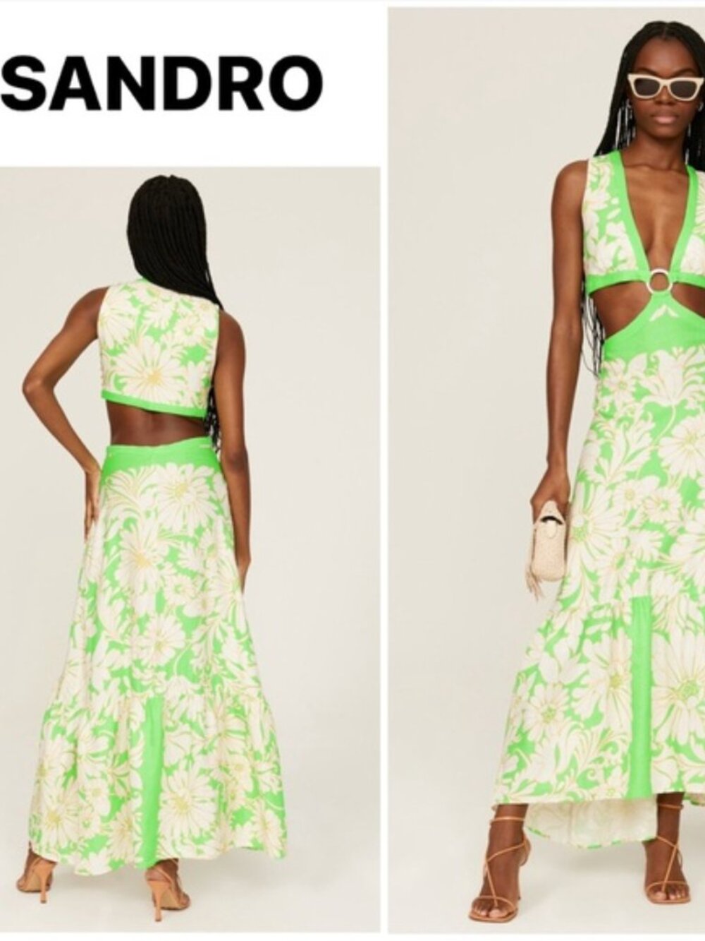 SANDRO Ludmila Cutout Floral Linen Satin-twill Maxi Dress $490 Summer Party 10 L